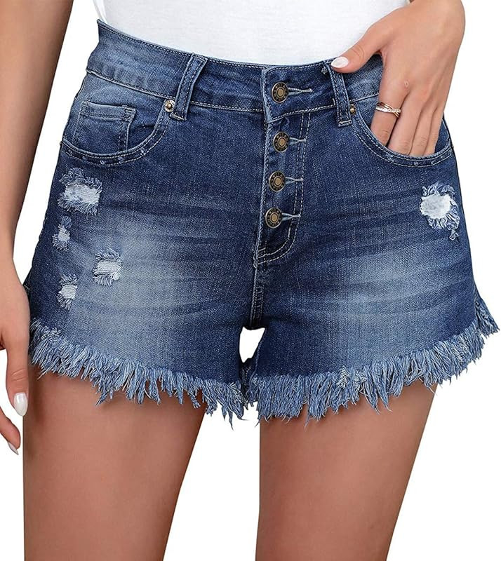 luvamia Women's Casual Ripped Denim Shorts Button Fly Frayed Raw Hem Jean Shorts | Amazon (US)