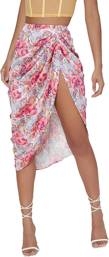 Floerns Women's Boho Floral Print Split Thigh Satin Ruched Midi Skirt | Amazon (US)