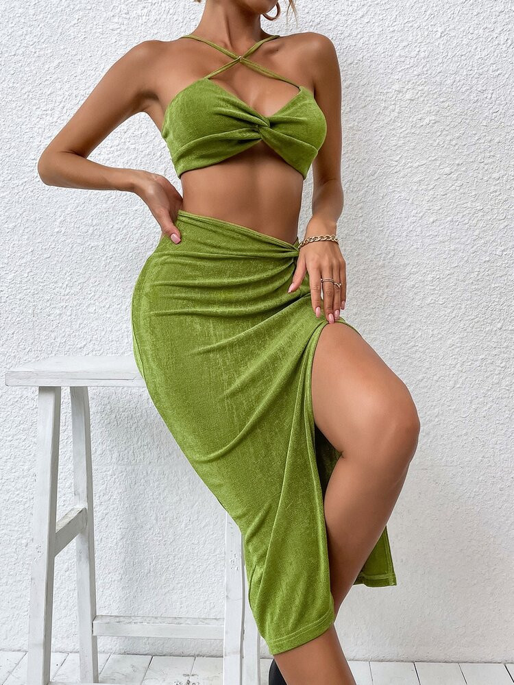 Twist Front Crisscross Cami Top & Split Thigh Skirt | SHEIN