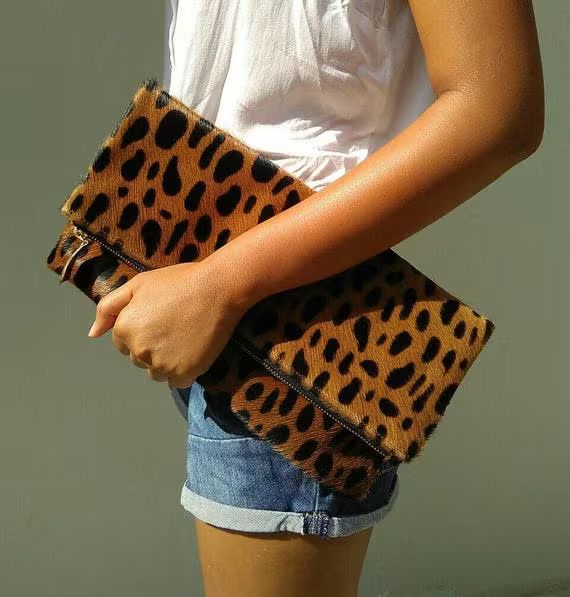 Leopard clutch, fold over clutch, Big spot, leopard print leather clutch, leopard calf hair zippe... | Etsy (US)