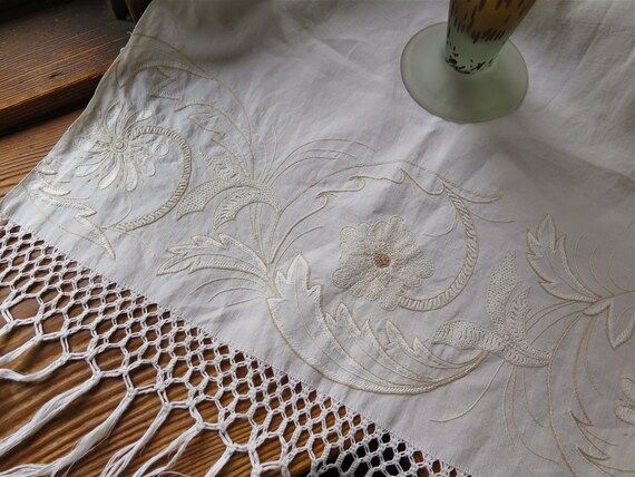 Antique Embroidered Table Runner in Linen with Fringe 51" x 20" | Etsy (US)
