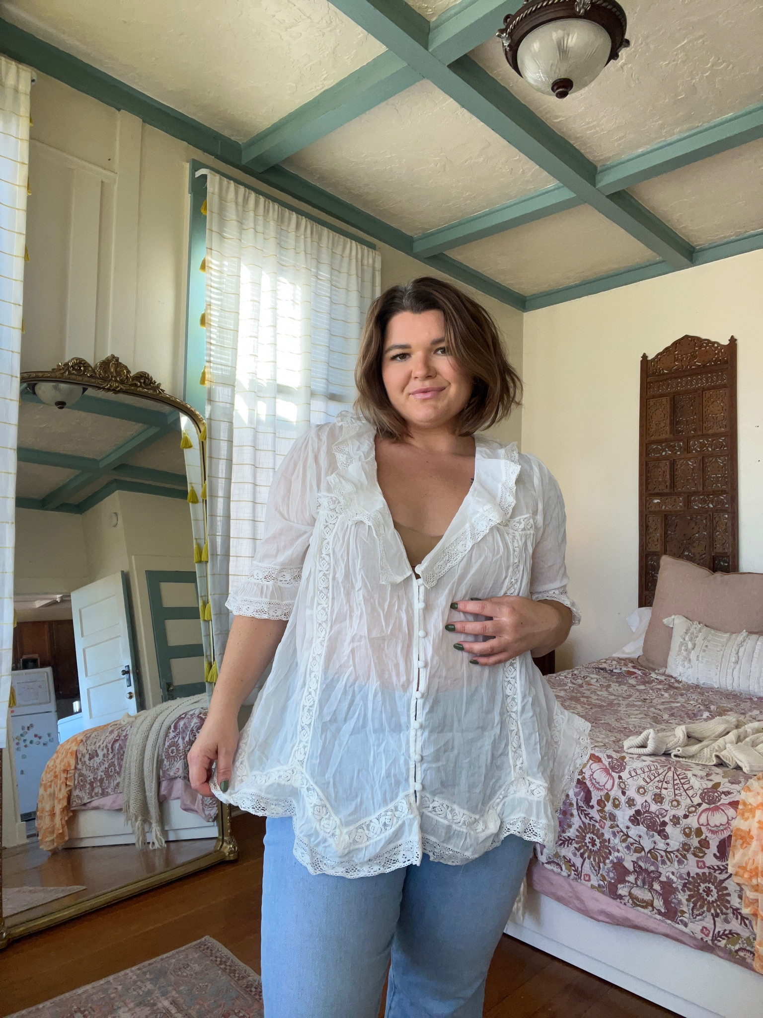 Love this blouse from free people! Such a versatile piece and will be great for layering. Can be buttoned up all the way or unbuttoned to your preference! Wearing size large  

#LTKbump #LTKSeasonal #LTKmidsize