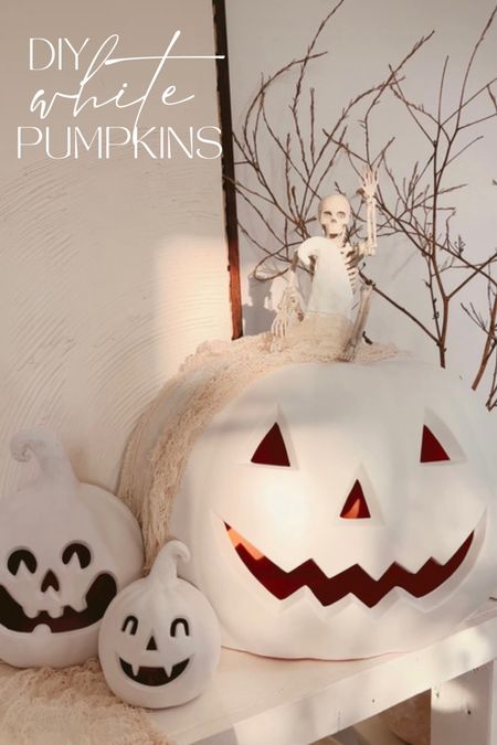 DIY White Jack-o-lanterns!🎃🤍 tutorial on my IG reels. 
 I love #halloween, but can’t ever get myself to add color to my neutral color palate😂 If you can relate, I have a fun & easy project that you can complete in an afternoon.

Grab your favorite spooky pumpkins (@target has some cute options this season that light up!) and a can of white spray paint and start this easy transformation!

Optional step: use modeling clay & joint compound to create a curly stem like the viral #PotteryBarnPumpkins ☠️

#jackolantern #whitepumpkins #pumpkin #diypumpkin 
Pumpkin DIY, Pottery Barn Pumpkin

#LTKSeasonal #LTKhome #LTKunder50