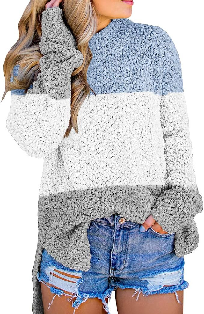 Imily Bela Womens Fuzzy Knitted Sweater Sherpa Fleece Side Slit Full Sleeve Jumper Outwears | Amazon (US)