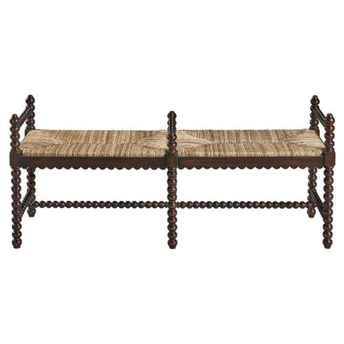 Meilani Coastal Brown Woven Seat Black Mahogany Wood Frame Long Entryway Bench | Kathy Kuo Home