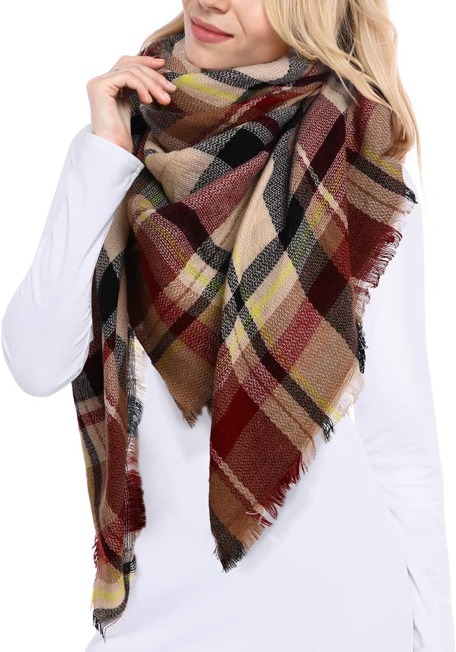 Bess Bridal Women's Plaid Blanket Winter Scarf Warm Cozy Tartan Wrap Oversized Shawl Cape | Amazon (US)