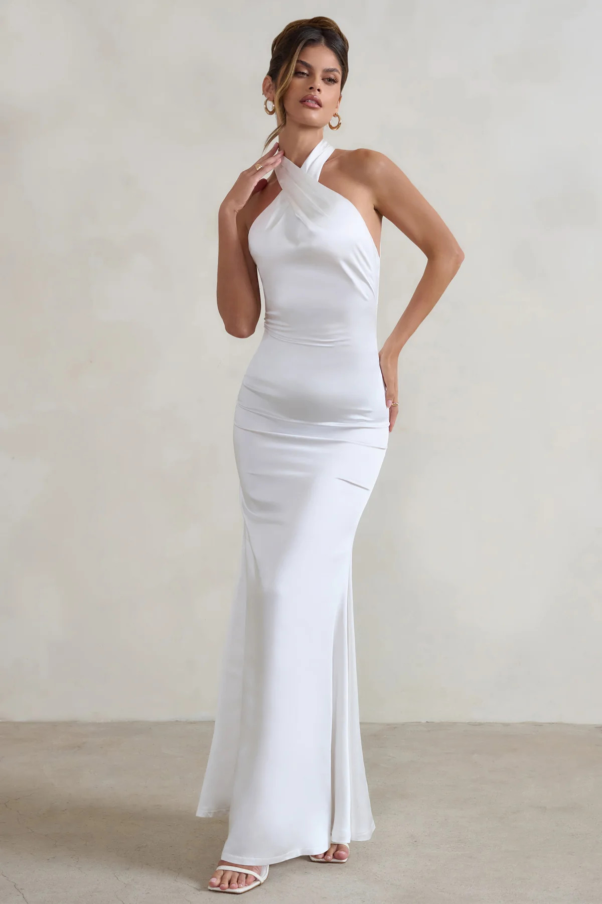 Unstoppable | White Satin Cross Over Halter Neck Maxi Dress | Club L London