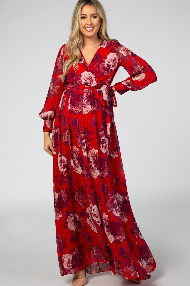 Red Rose Floral Chiffon Maternity Maxi Dress | PinkBlush Maternity