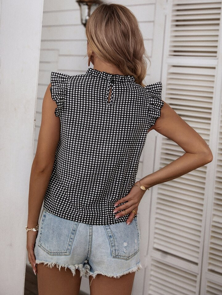 Gingham Print Keyhole Back Blouse | SHEIN