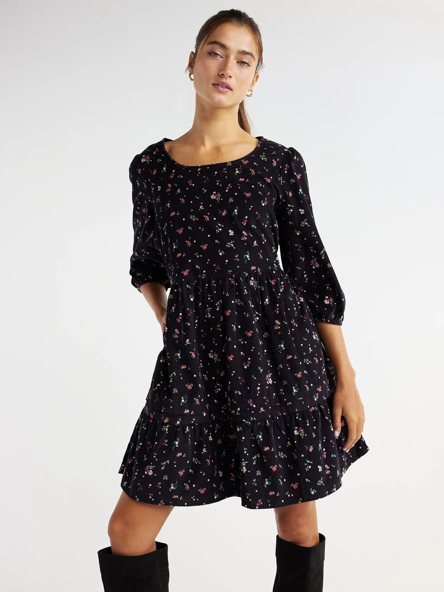 Time and Tru Women's Corduroy Dress with 3/4-Length Sleeves, Sizes XS-XXXL | Walmart (US)