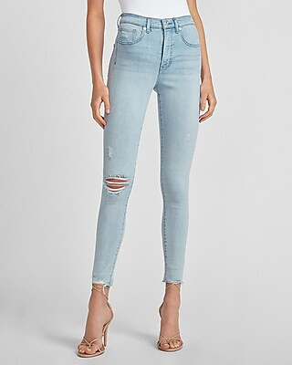 High Waisted Ripped Raw Hem Skinny Jeans | Express