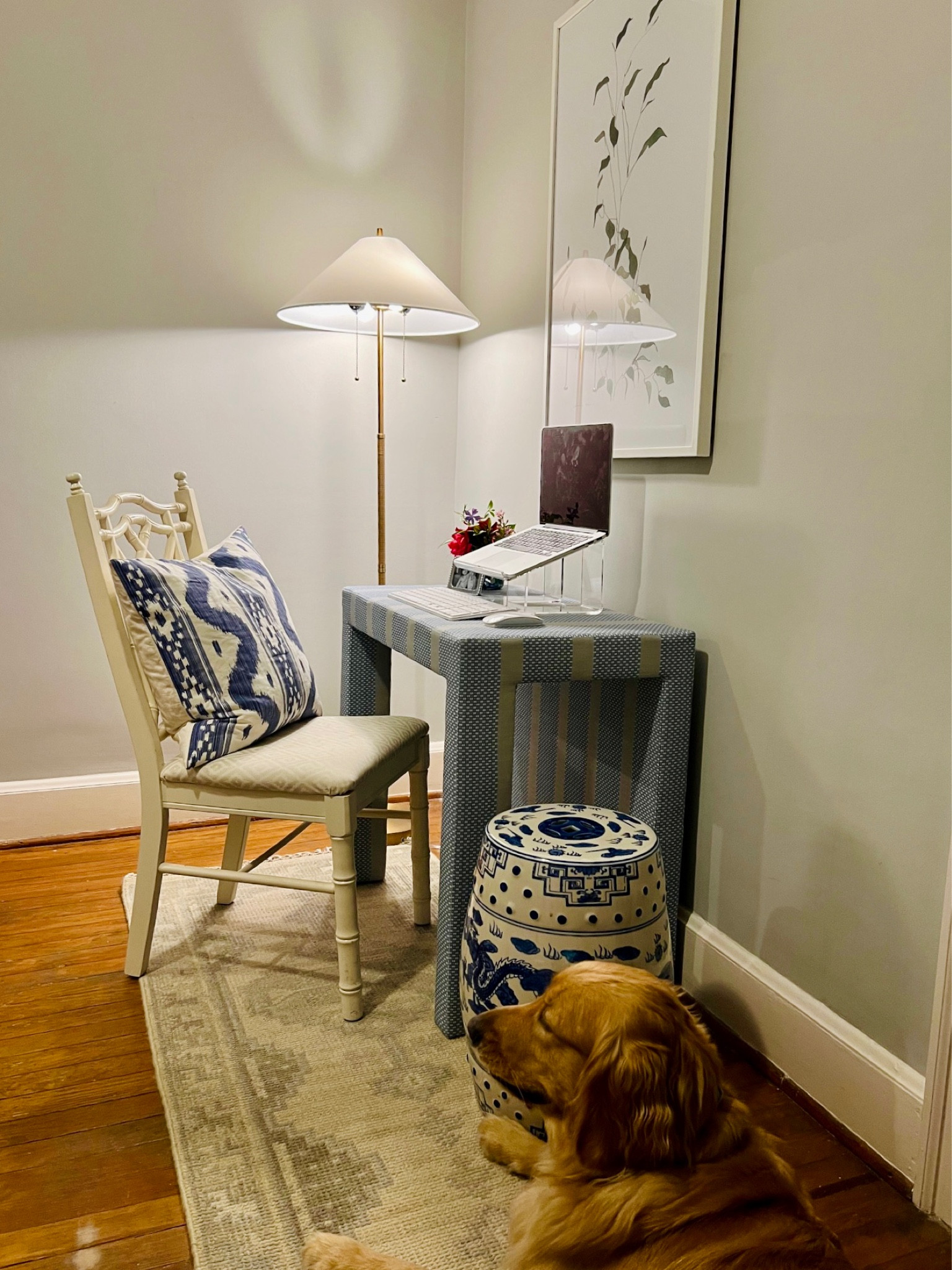 Work from home desk, floor lamp, botanical art, garden stool 

#LTKHome