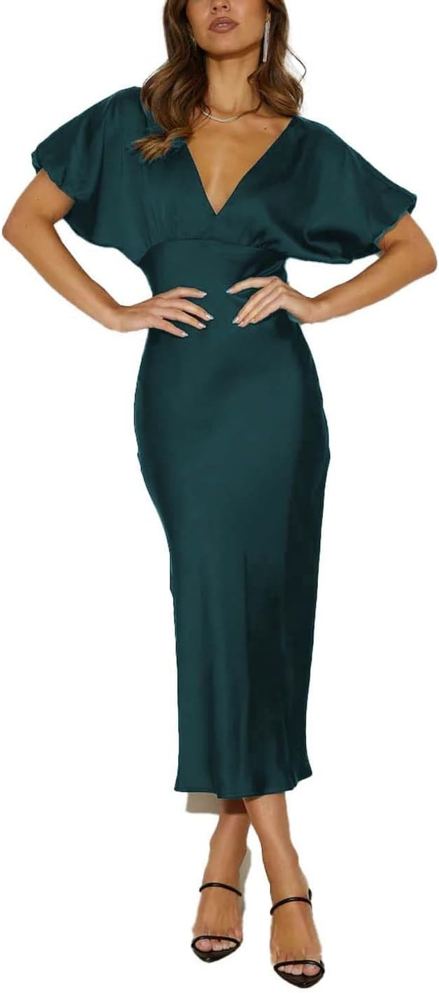 Summer Satin V Neck Puffy Sleeves Midi Dresses for Women Wedding Guest | Amazon (US)