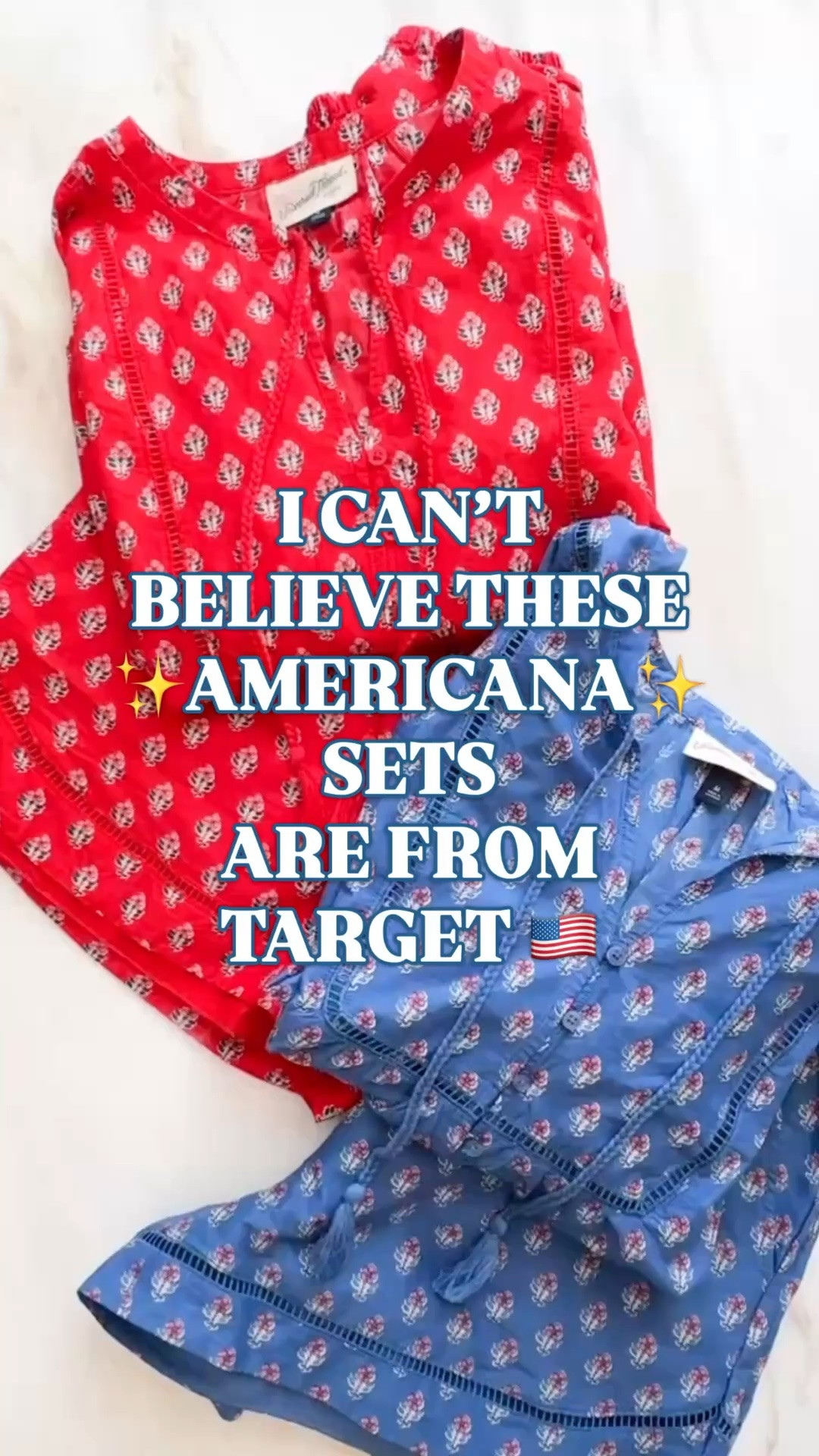 Target matching set | Target finds | Americana outfit | blockprint set | Fourth of July outfit

I can’t believe these Americana matching sets are from Target. They are 100% cotton, red and blue, and exactly the kind of summer set that will not sit.

The blockprint-inspired pattern, relaxed button front blouse, balloon sleeves, tassel tie neckline, coordinating pull on shorts, side pockets, and lightweight woven cotton make them look so much more expensive than a Target find.

The red set is perfect for Fourth of July outfits, patriotic outfits, lake weekends, cookouts, fireworks, beach trips, and summer holiday plans. The blue set feels classic and coastal for vacation outfits, brunch, errands, beach house mornings, and everyday summer outfits.

Wear them together with sandals, sneakers, gold hoops, and a woven tote, or split them up: blouse with white jeans, blouse with denim shorts, shorts with a white tank, or the full set over a swimsuit.

Target matching set, Target two piece set, Target finds, Target style, Target fashion finds, Target new arrivals, Target summer outfits, Target Fourth of July outfits, Americana matching set, Americana outfit, blockprint set, block print set, cotton matching set, 100 cotton set, blouse and shorts set, pull on shorts, balloon sleeve blouse, red set, blue set, patriotic outfit, Fourth of July outfit, vacation outfit, beach vacation outfit, preppy summer outfit, coastal outfit, viral Target finds, designer look for less

#LTKFindsUnder50 #MatchingSet #TwoPieceSet #LookForLess #VacationOutfit #SummerOutfits #TargetStyle #TargetFinds #GoingViral #BlockprintSet @Target

#LTKSeasonal #LTKTravel #LTKSwim