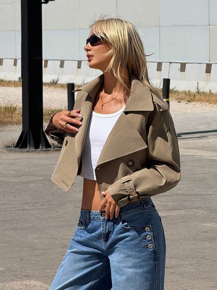 SHEIN ICON Women's Fashion Solid Color Double-Breasted Short Trench Coat Crop Top Jacket Summer Jacket Khaki Jacket Oversized Jacket Cropped Jacket In Fall/Winter | SHEIN