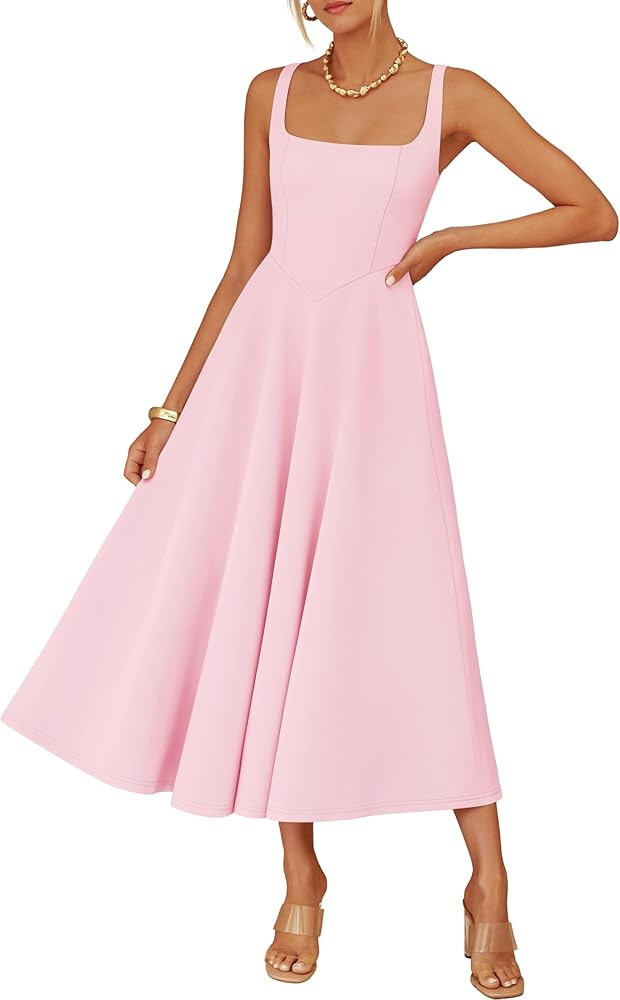 ZESICA Women‘s 2026 Summer Sleeveless Midi Dress Square Neck Flowy A Line Casual Beach Vacation... | Amazon (US)