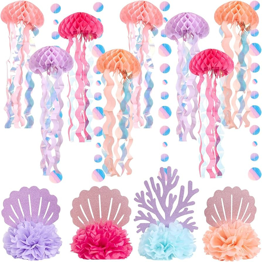 OBBOLO Under The sea Party Decorations, 16 Pcs Pink Jellyfish Honeycombs, Coral Table Centerpiece... | Amazon (US)