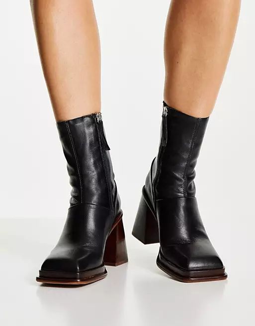 ASOS DESIGN Rochelle premium leather platform heeled boots in black | ASOS (Global)