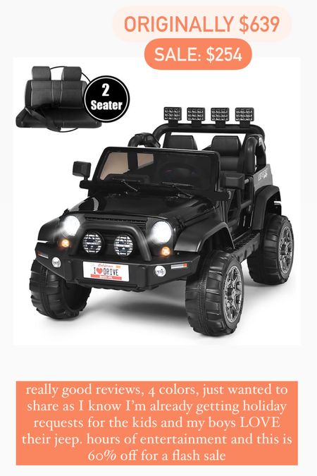 FLASH SALE 🚨!!
ride on jeep 60% off, great reviews, our boys loved this Christmas gift last year and use it almost every single day 



#LTKkids #LTKGiftGuide #LTKHoliday