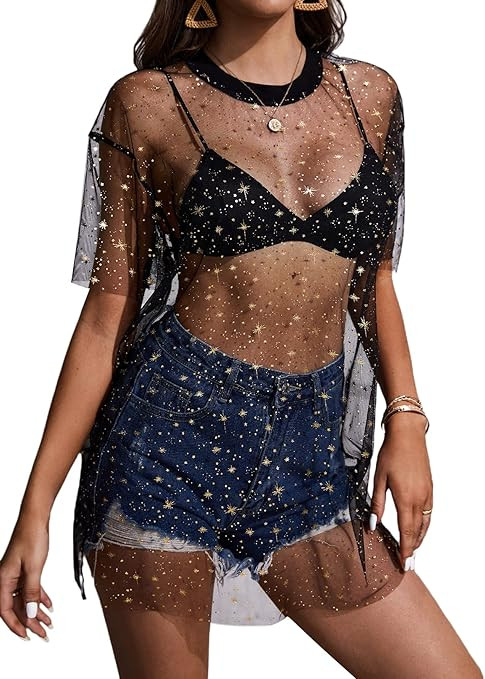 Verdusa Women's Sheer Mesh Fishnet Drop Shoulder Oversized Tee Top Long T Shirts | Amazon (US)