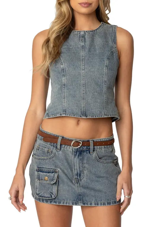 EDIKTED Quinlan Open Back Sleeveless Denim Top in Blue at Nordstrom, Size Small | Nordstrom