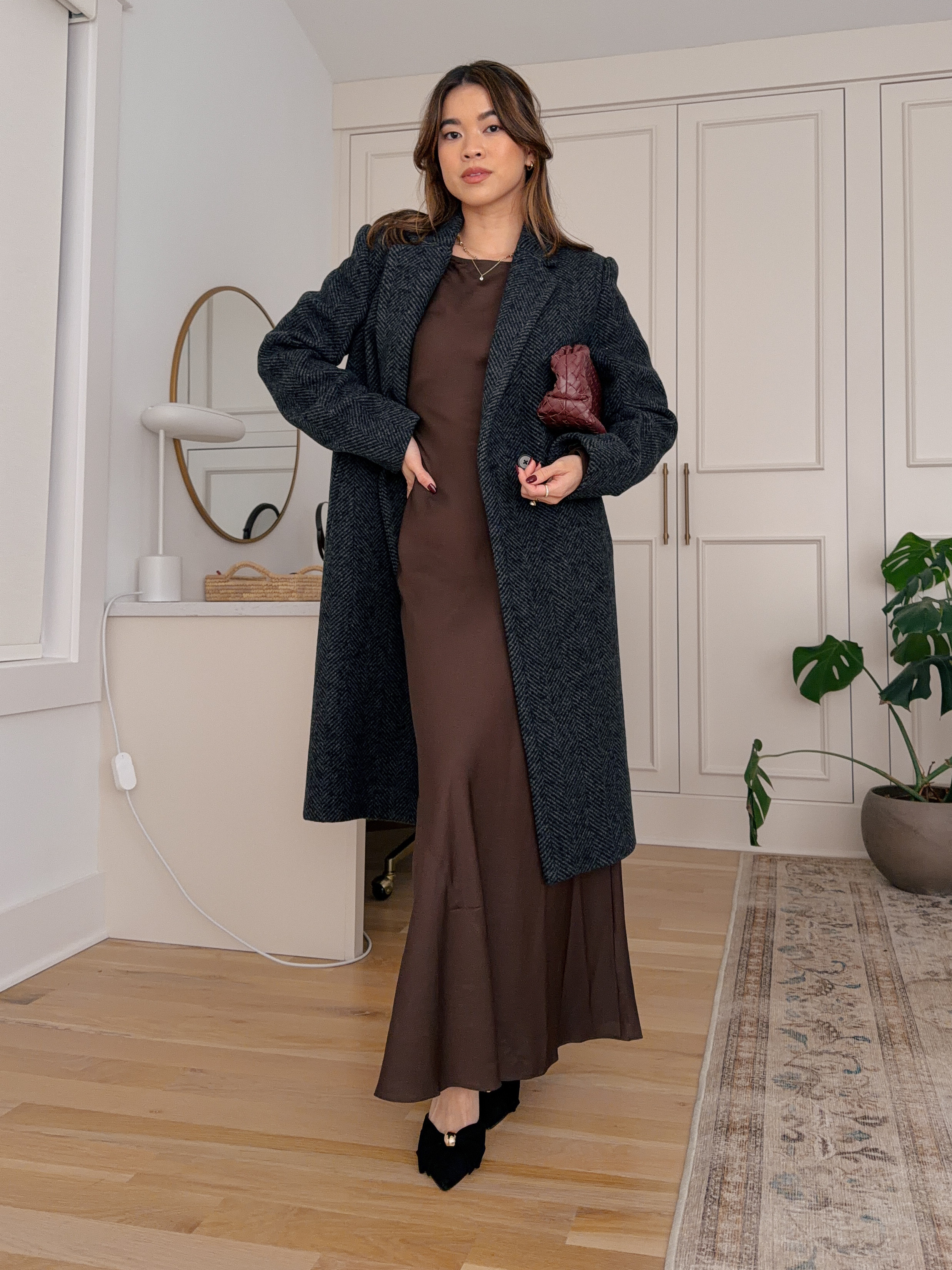 Sizing info: Dress XS in Hot Fudge, Coat XS in Herringbone Black Grey! petite fashion, get dressed with me, outfit inspiration, ootd, nashville outfit, Nashville influencer, petite style, vacation style, casual outfits, mom style, winter dress, winter outfit, winter outfit inpso, winter outfit idea, winter style, cold weather outfit, winter bag, winter purse, clutch, jacket, winter jacket, winter coat, trench coat, wool coat, warm coat, silk dress 

 

#LTKHoliday #LTKSeasonal #LTKPetite