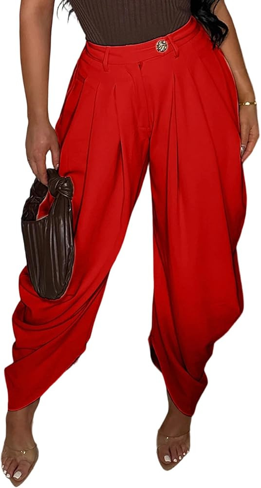 NRTHYE Womens Pleated Dress Pants High Waisted Baggy Wide Leg Palazzo Slacks Work Trousers Busine... | Amazon (US)