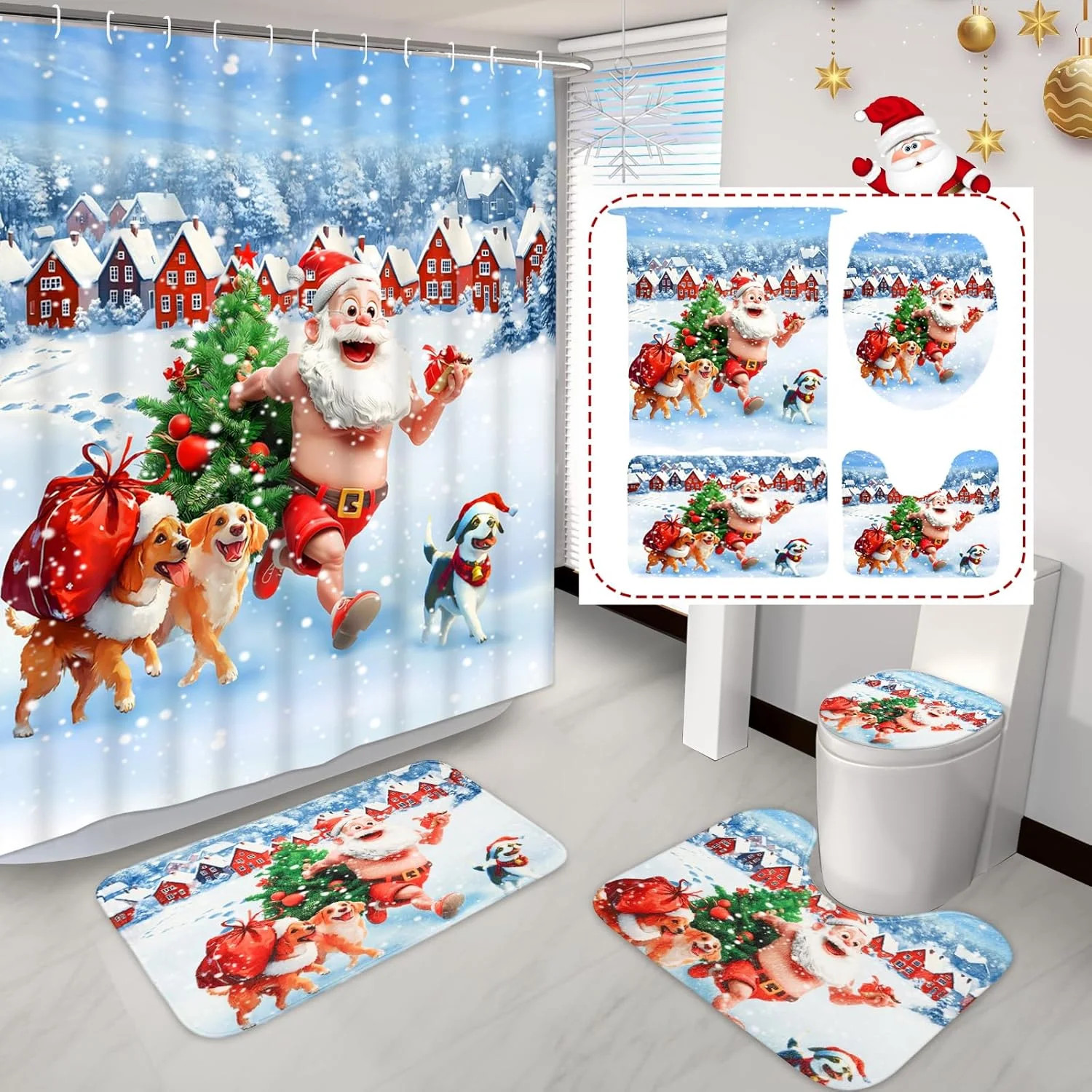 FRAMICS Christmas Shower Curtain Sets with Rugs, 16 Pc Funny Naked Santa Claus Bathroom Sets, Xma... | Walmart (US)