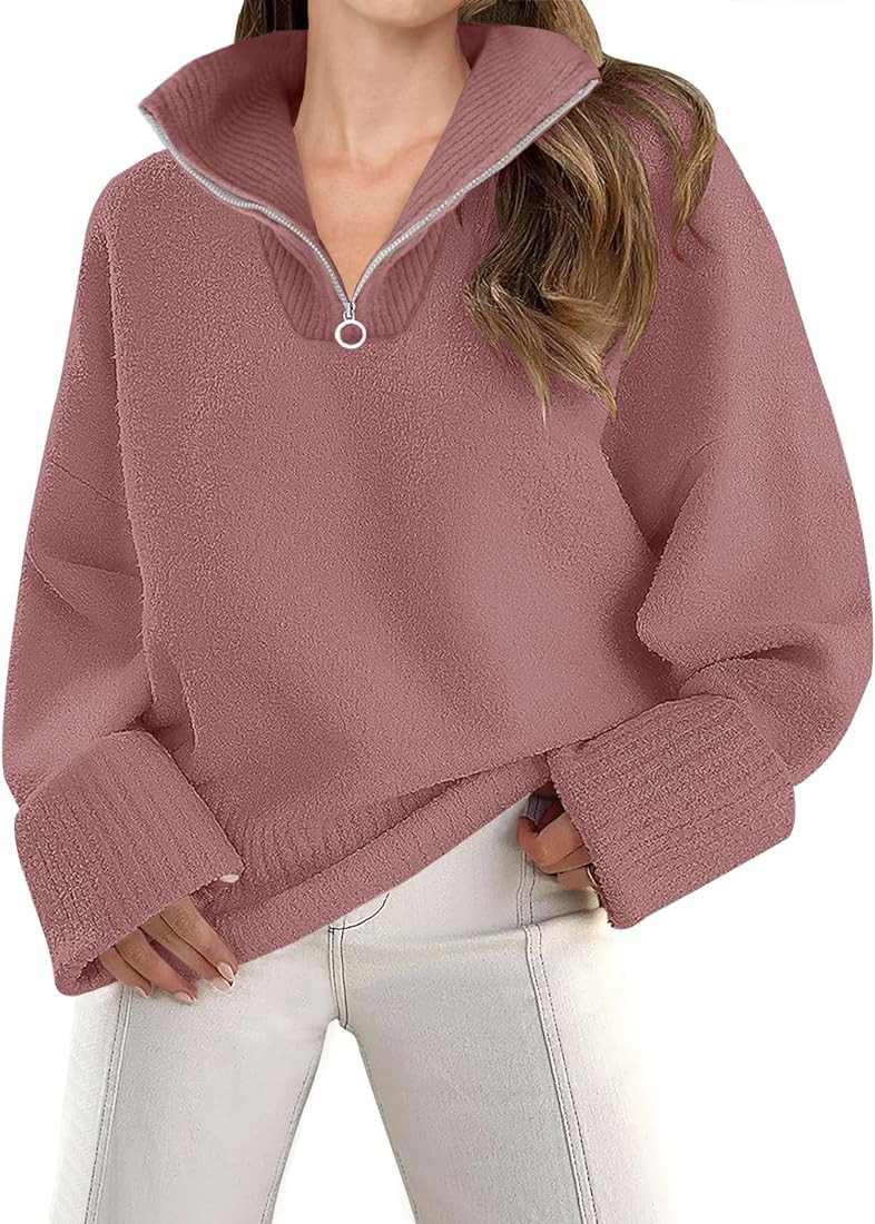 ZESICA Women's 2024 Winter Long Sleeve 1/4 Zipper V Neck Loose Fuzzy Knitted Chunky Warm Pullover... | Amazon (US)