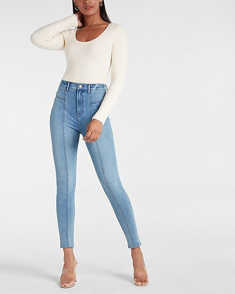Super High Waisted Extra Supersoft Light Wash Seamed Skinny Jeans | Express