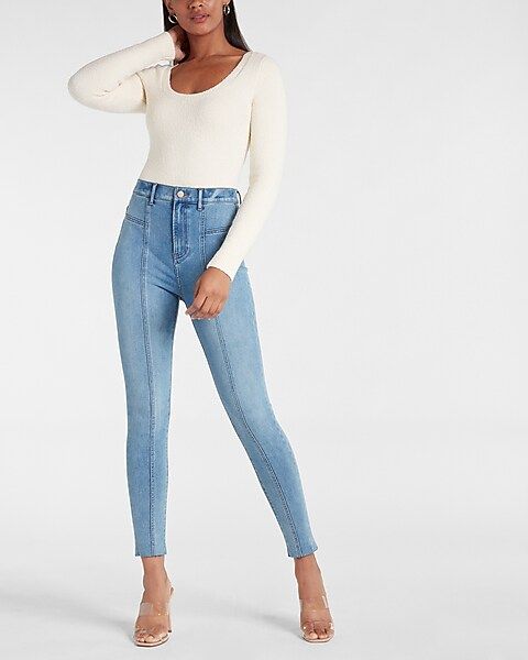 Super High Waisted Extra Supersoft Light Wash Seamed Skinny Jeans | Express