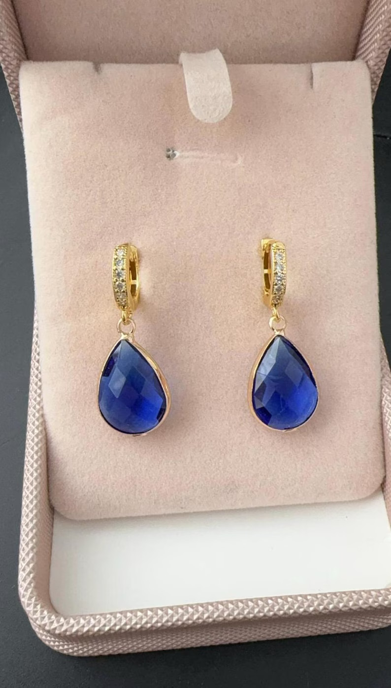 Sapphire Blue Teardrop Earrings Set; 18k Gold Plated, Jewellery, Dangle Earrings, Huggie Hoop Ear... | Etsy (US)