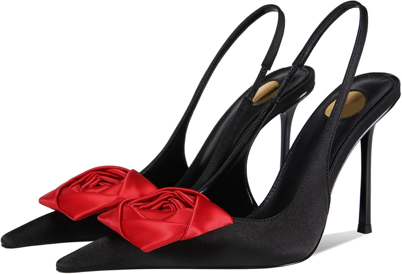 Flower High Heels for Women Closed Pointed Toe Stilettos Heel Pumps Slip On Elastic Ankle Strap S... | Amazon (US)