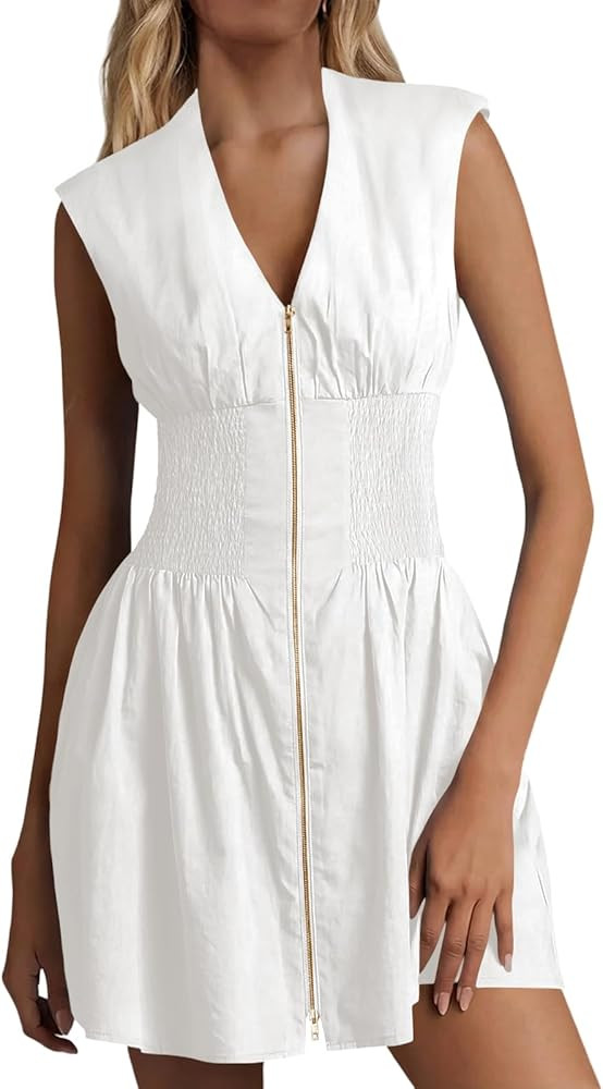 Fisoew Women's Sleeveless Casual Zip Dress Front V Neck Utility Summer Tank Mini Dresses with Poc... | Amazon (US)