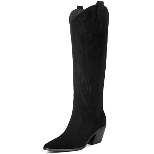 iiimmu Cowboy Boots for Women Black Knee High Pointed Toe and Chunky Heel Suede Western Boots with Embroidered, Size 6.5 | Amazon (US)