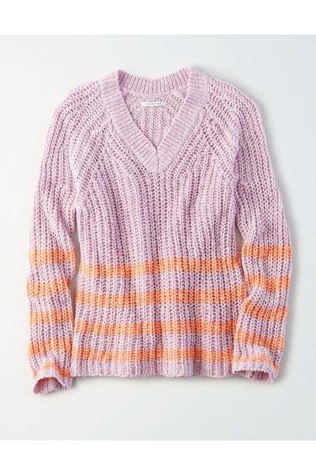 AE Striped V-Neck Oversized Sweater Women's Lively Lilac XL | American Eagle Outfitters (US & CA)