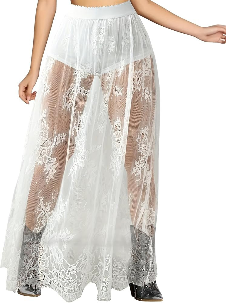 Women's Sheer Mesh 2 in 1 Glitter Sequin Elasticized High Waist A Line Party Maxi Skirt | Amazon (US)