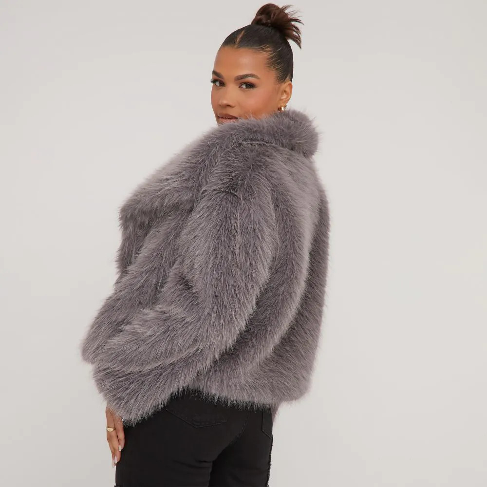 Oversized Collar Detail Cropped Jacket In Grey Faux Fur | EGO (UK)