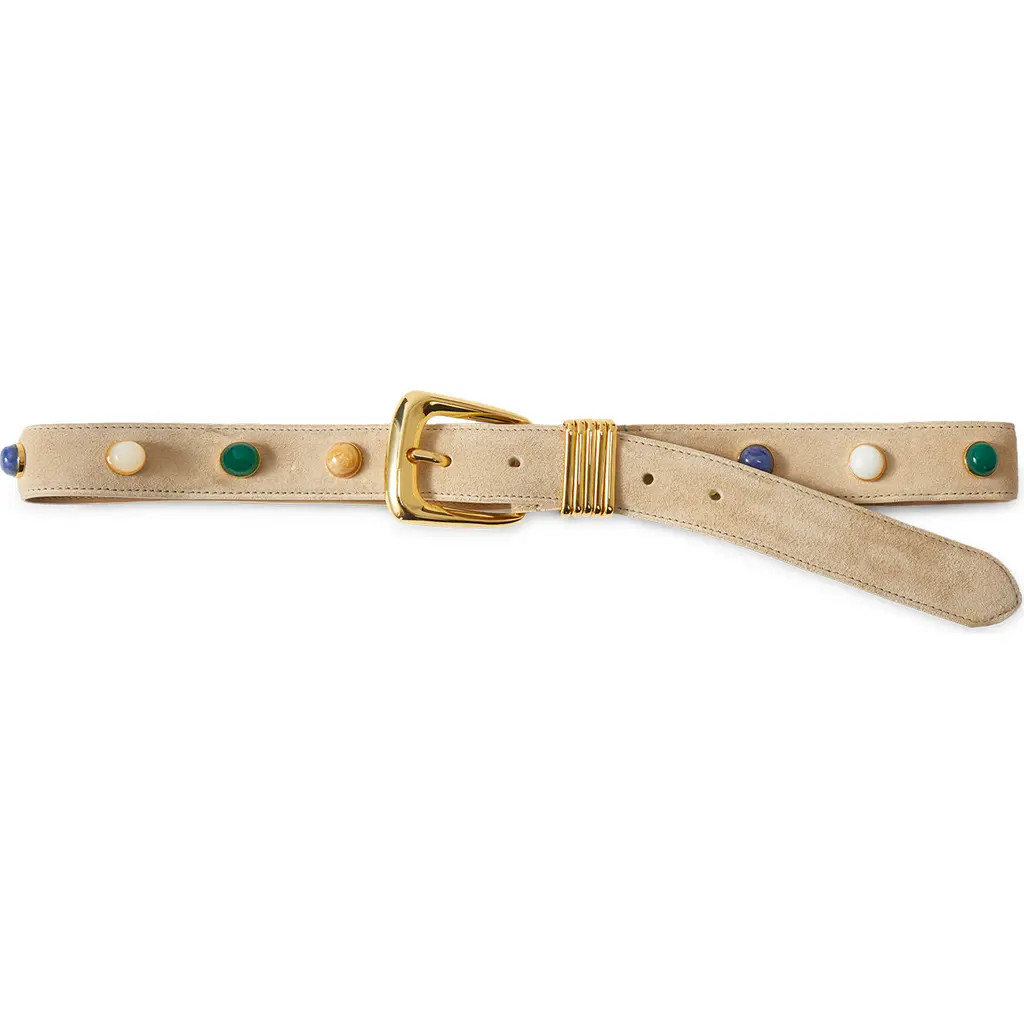 Veronica Beard Arch Stone Embellished Suede Belt in Stone Khaki at Nordstrom, Size Large | Nordstrom