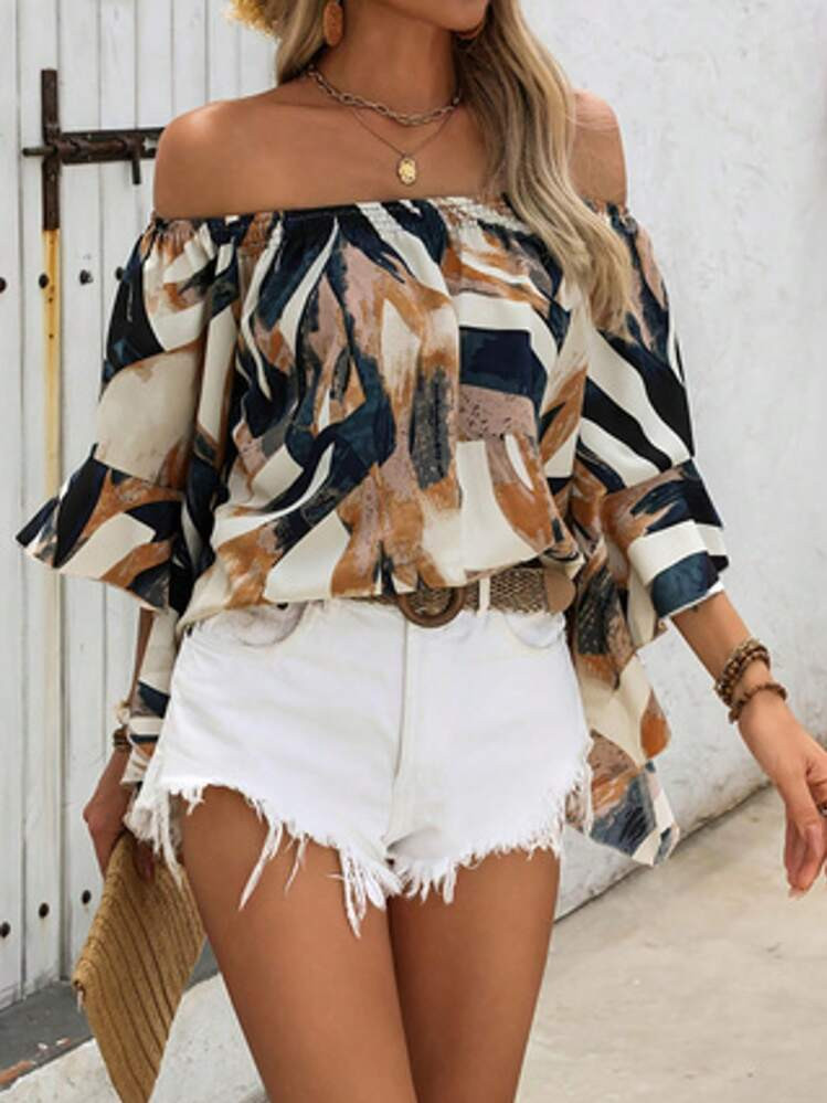 LocalWomen's Fashionable Loose Off-Shoulder Printed Oversized Shirt, Random Cut | SHEIN