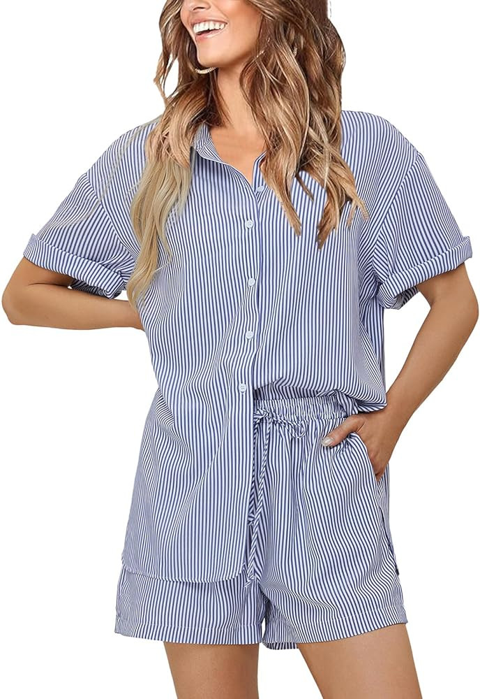 EXLURA Womens Summer 2 Piece Outfits Oversized Short Sleeve Button Down Shirts and Shorts Lounge ... | Amazon (US)
