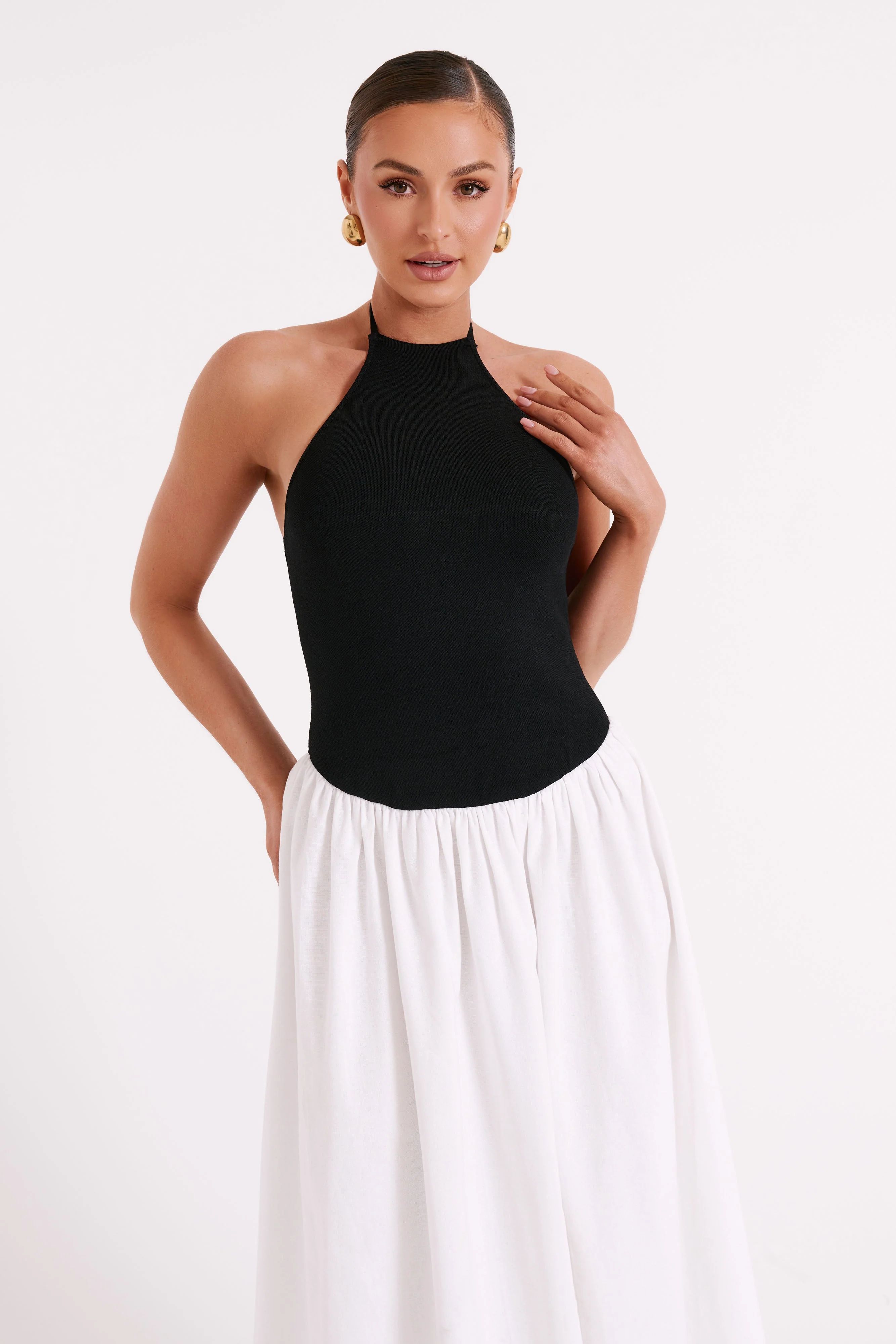 Katie Knit And Linen Midi Dress - Black/White | MESHKI US