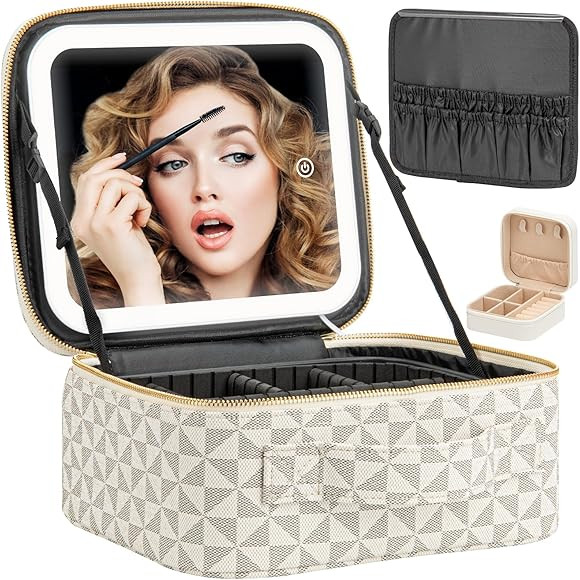 Makeup Travel Train Case with Mirror LED Light 3 Adjustable Brightness Cosmetic Bag Portable Stor... | Amazon (US)