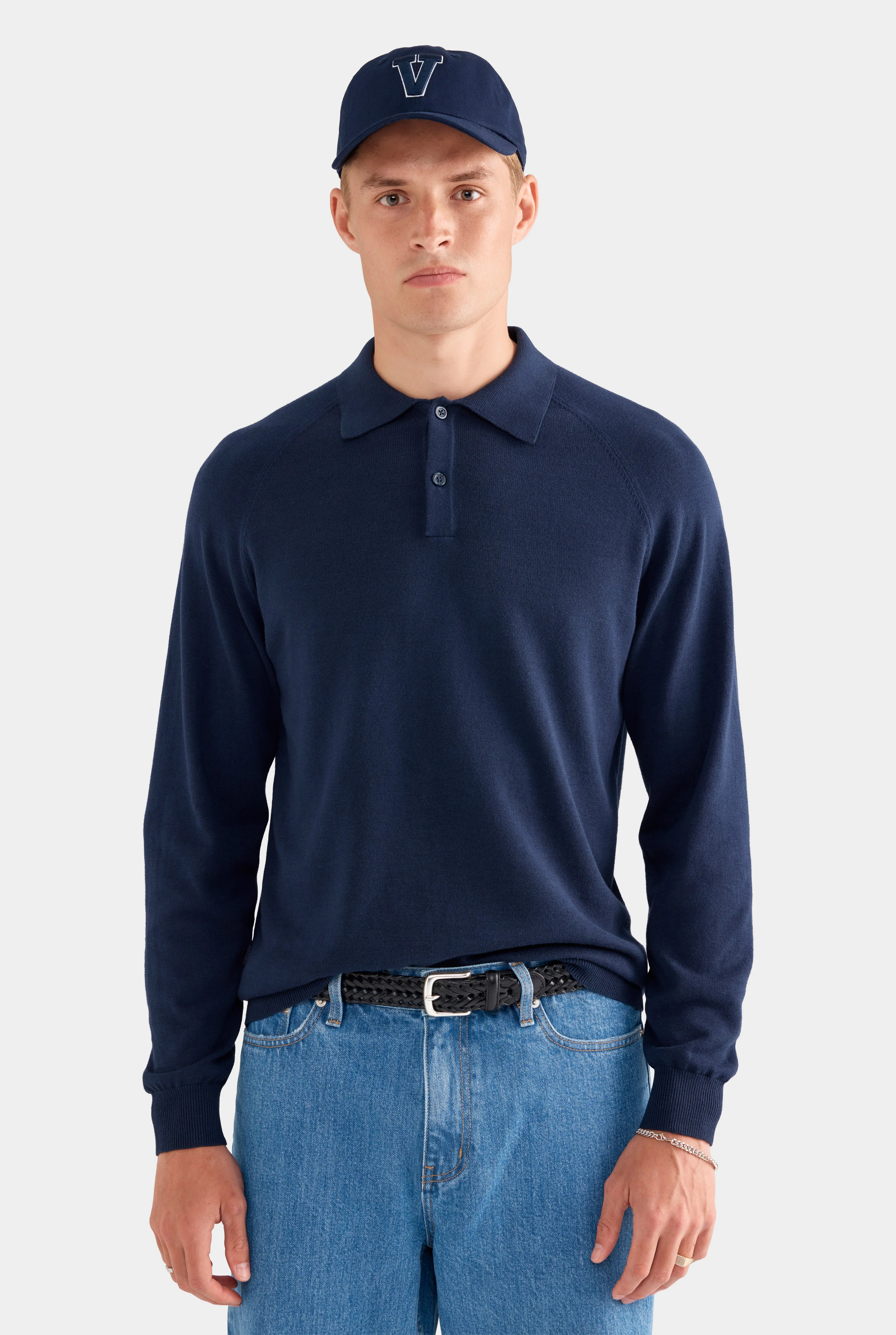 Mens Long Sleeve Cotton Raglan Knit Polo in Navy | Venroy | Venroy AU