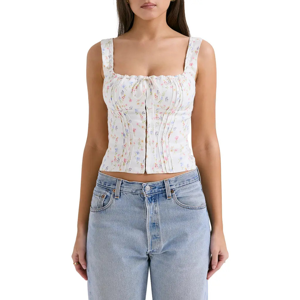 HOUSE OF CB Chicca Square Neck Corset Top in White/Pink Blue Floral Print at Nordstrom, Size X-Small D | Nordstrom