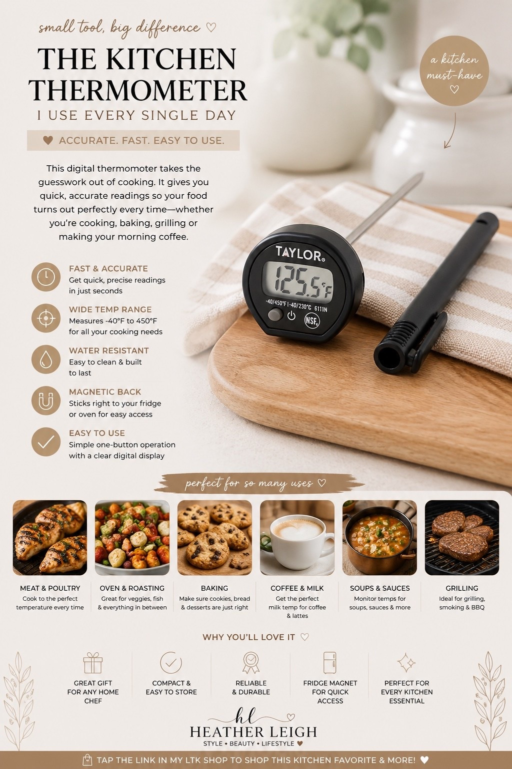 ✨ One of those small kitchen tools that makes a HUGE difference 🤍

I use this digital kitchen thermometer constantly for cooking, baking, grilling, and even checking milk or coffee temps ✨ It’s quick, accurate, and takes all the guesswork out of cooking.

Perfect for:
🤍 Meat & poultry
🤍 Baking
🤍 Grilling
🤍 Soups & sauces
🤍 Coffee & milk frothing
🤍 Everyday cooking

Such an affordable kitchen essential that honestly makes cooking so much easier 🙌🏼

#heatherleighfinds #ltkhome #kitchenfavorites #kitchentools #cookingessentials #bakingtools #homefinds #amazonfinds #cookingtips #kitchenmusthaves
