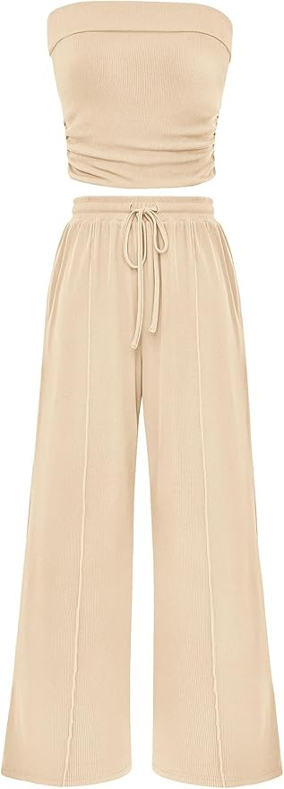 PRETTYGARDEN Womens Summer Outfits 2 Piece Sets Casual Ribbed Knit Crop Tube Top Wide Leg Pants S... | Amazon (US)