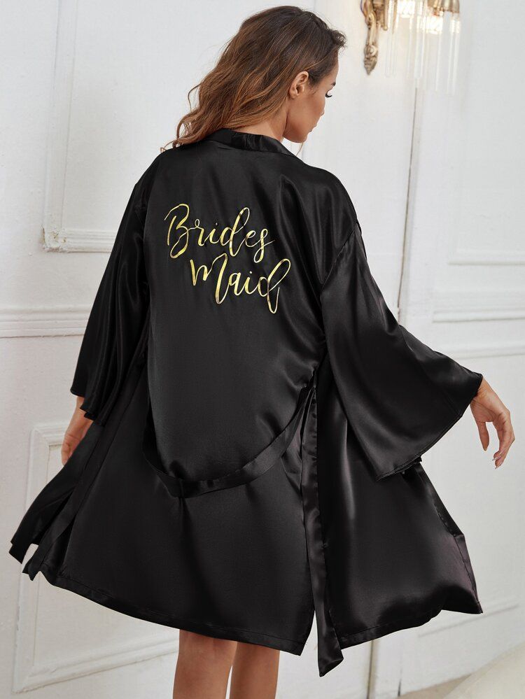 Satin Letter Graphic Belted Night Robe | SHEIN