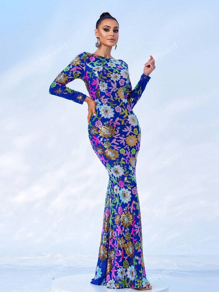 Missord 1pc Women Random Print Minimalist Daily Wear Long Sleeve Prom Dress | SHEIN