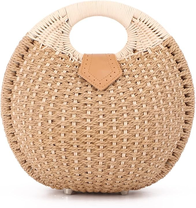 Ynport Straw Purses for Women Summer Beach Rattan Tote Bag Round Handle Ring Handbag Retro Handma... | Amazon (US)